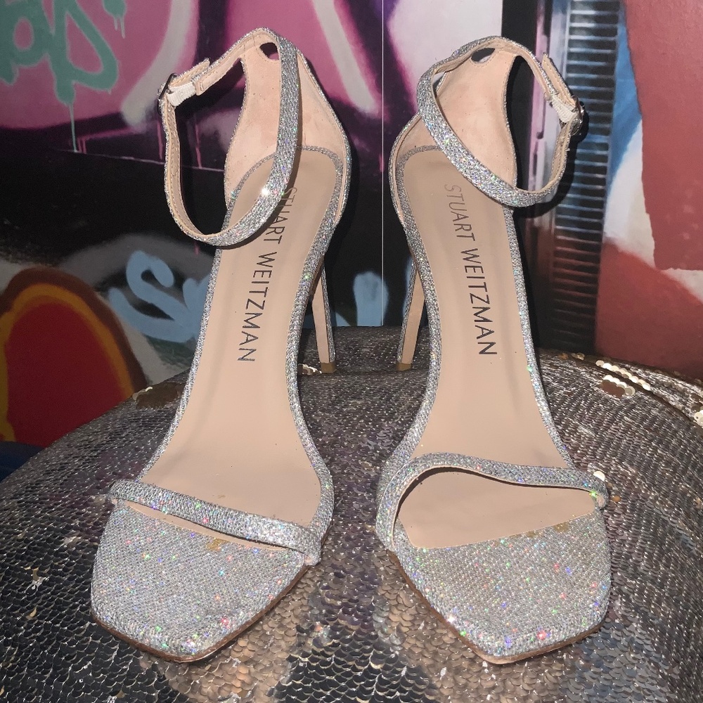 Stuart Weitzman Strappy Heel Sparkly Silver Glitt… - image 1
